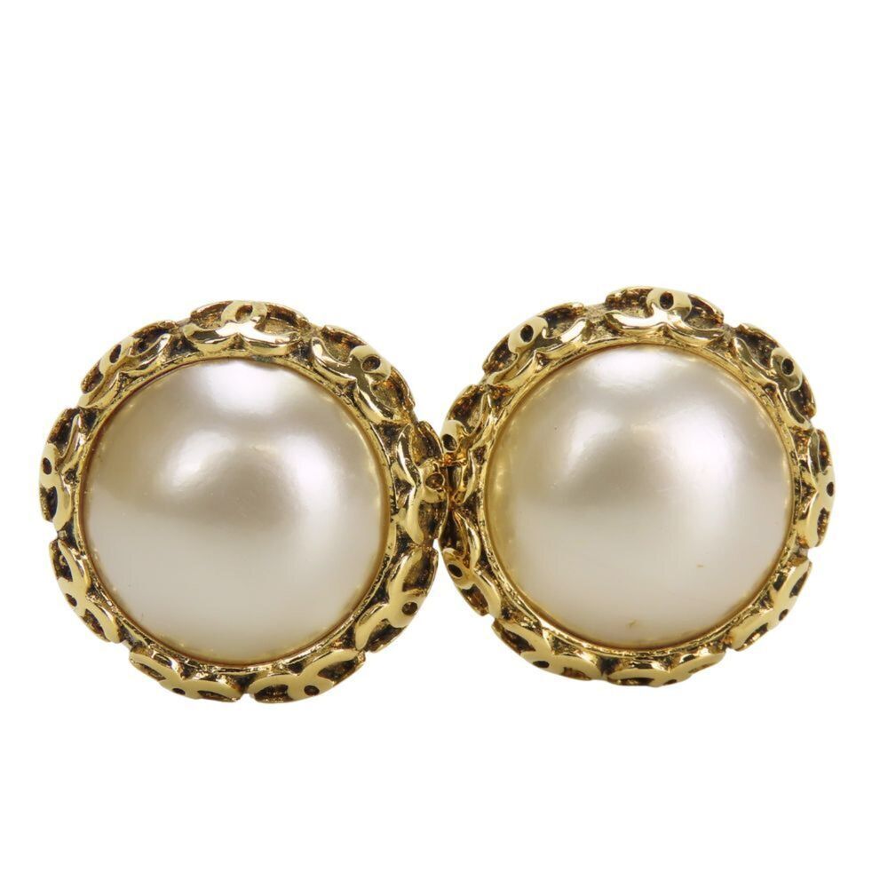 CHANEL Gold Pearl Logo Earrings